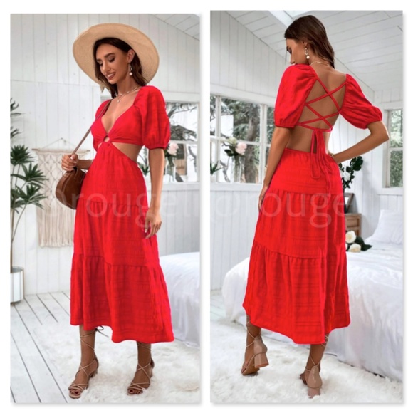 Rouge! Dresses & Skirts - Red Midi Dress Backless Lace Up Puff Sleeve Flared Ruffle Hem V-Neck